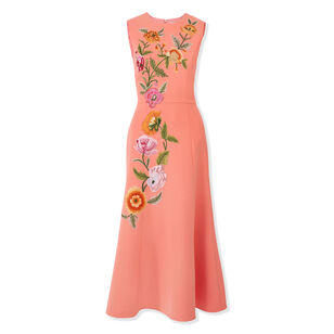 Floral-Embroidered Sleeveless Crewneck Midi Dress