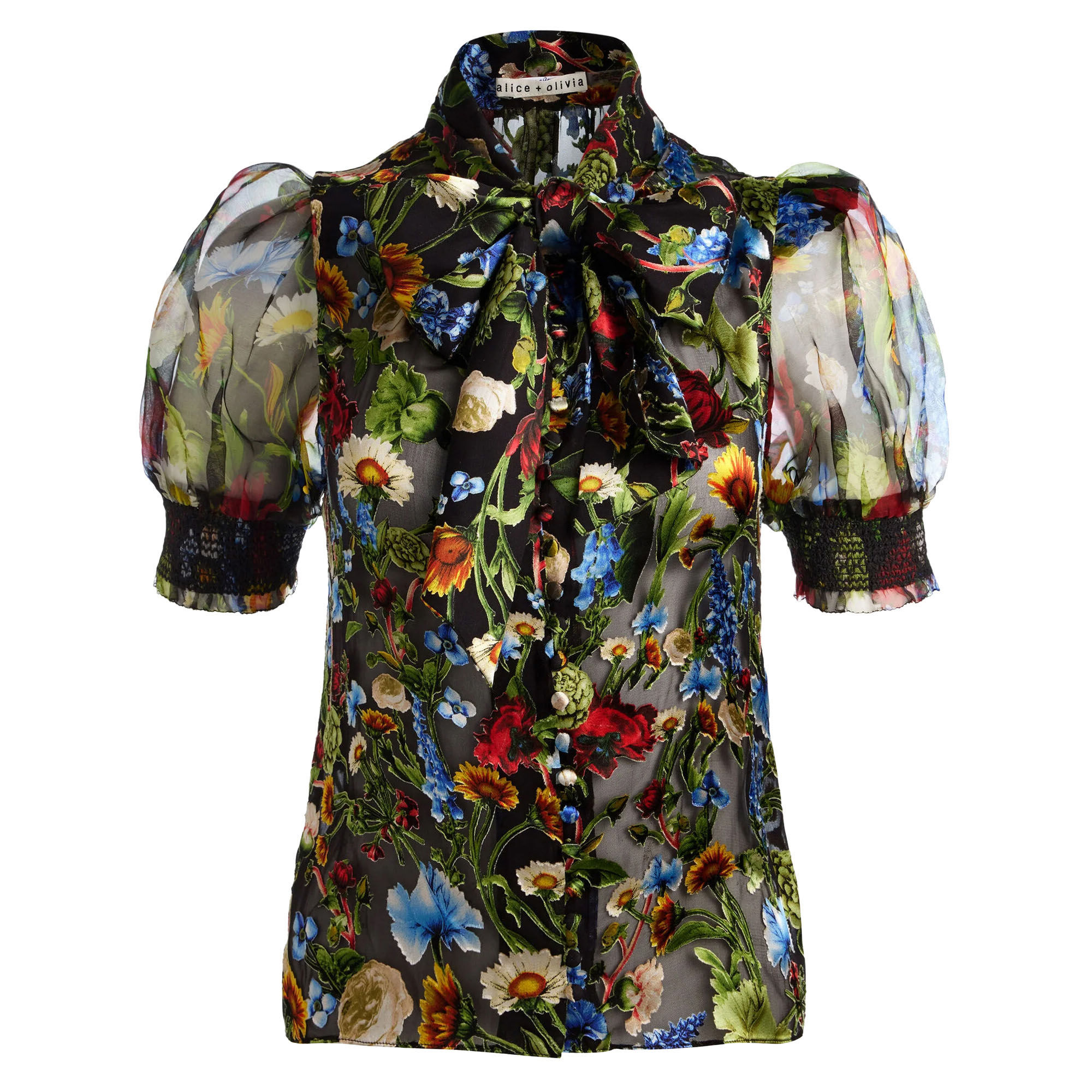 Alice + Olivia Brentley Tie Neck Short Puff Sleeve Blouse | Tootsies