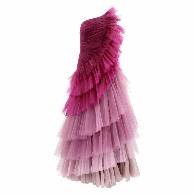 One-Shoulder Ombre Tulle Tiered Gown image number null