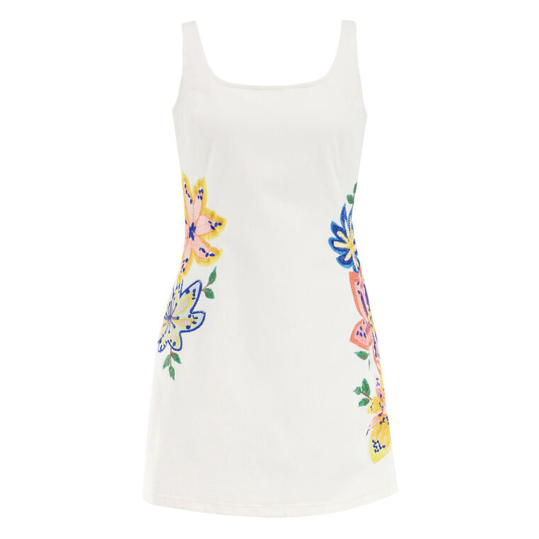 Adriana Sleeveless Floral Embroidered Denim Mini Dress image number null