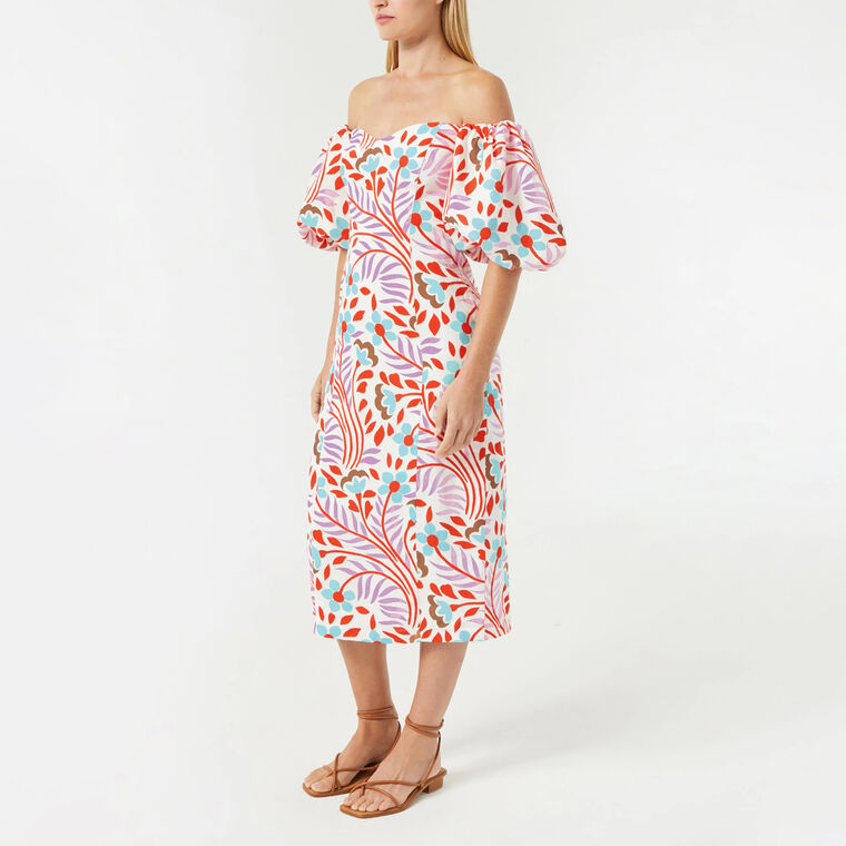 chinese dress ladies Rhode Women's Karima Linen Puff Sleeve Midi Dress Lago Vine (US, Numeric,  2, Regular, Regular, Multi) at Amazon Women's Clothing store