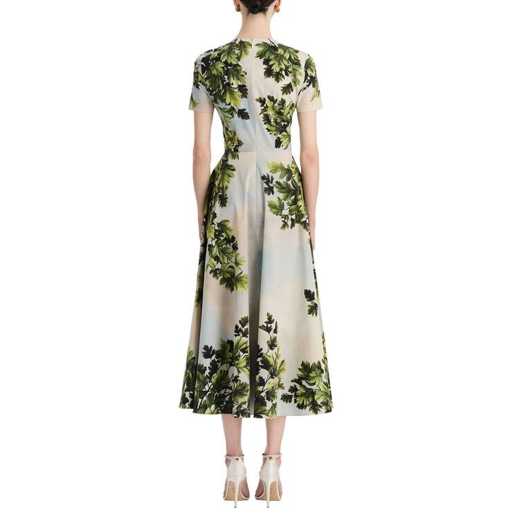 Short Sleeve Maple Leaves Cotton Poplin Midi Day Dress image number null