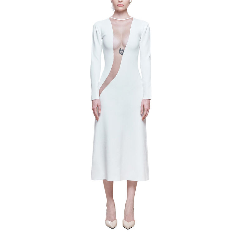 Long Sleeve Neoprene Midi Dress With Transparent Mesh Wave Insert image number null