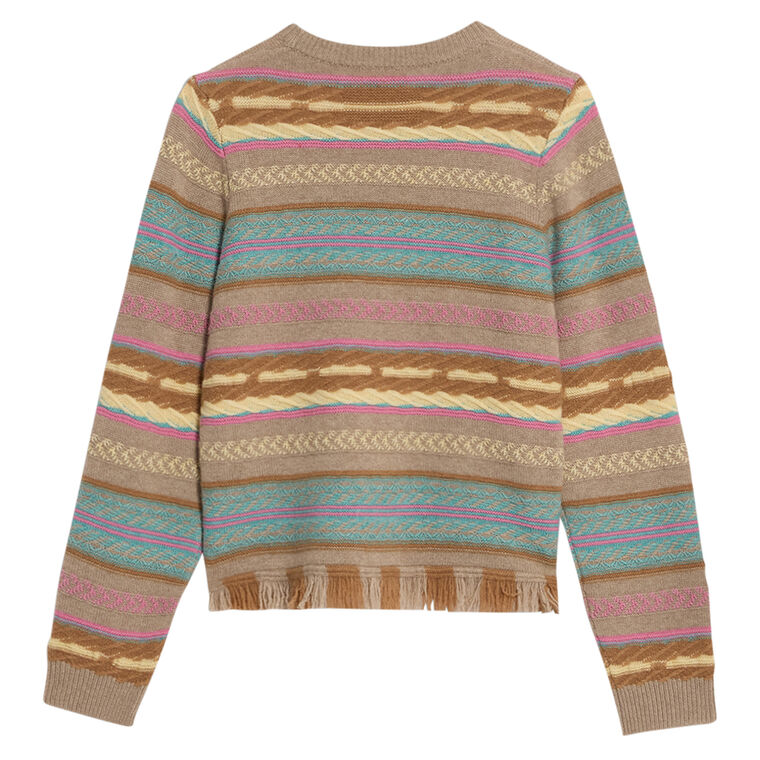 Western Stripe Long Sleeve Crewneck Sweater With Fringe Hem image number null