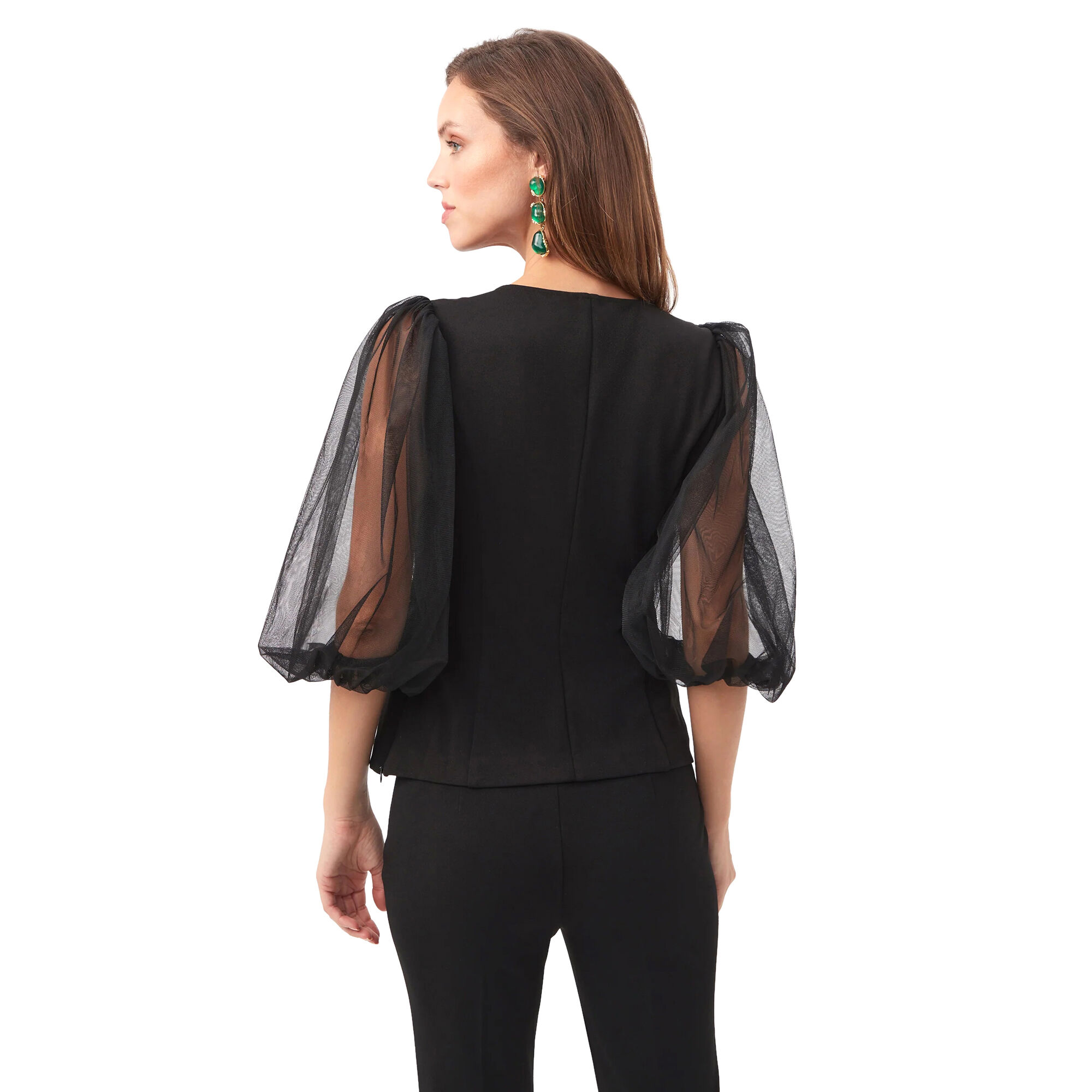 Lilith Crepe Knit Top With Sheer Puff Sleeves
