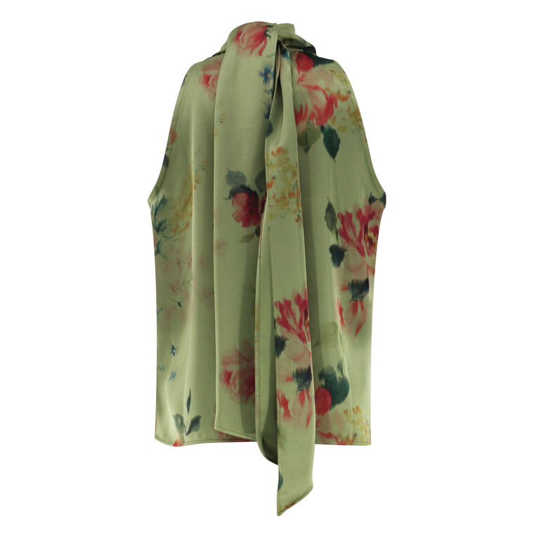 Maxi Sleeveless Floral Satin Draped Blouse image number null