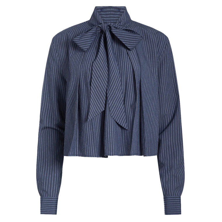 Dobby Striped Tie Neck Blouse image number null