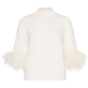 Short Sleeve Feather Trim Mockneck Sweater