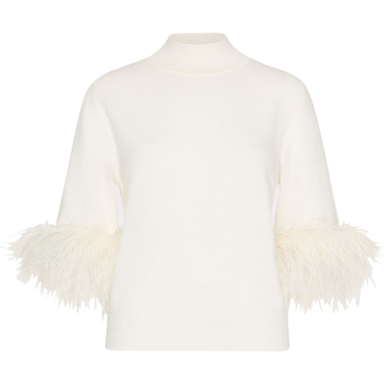 Short Sleeve Feather Trim Mockneck Sweater image number null