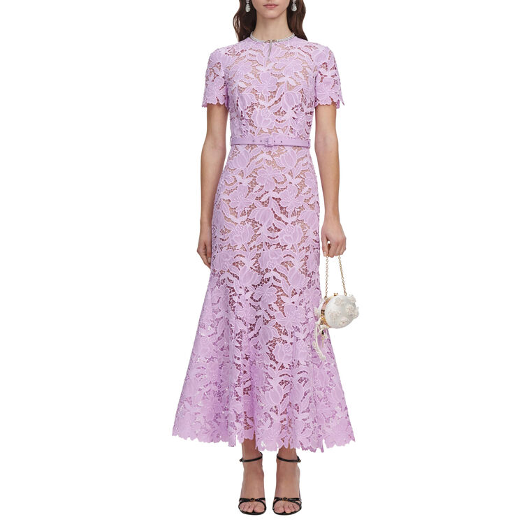 Short Sleeve Belted Lace Midi Dress image number null