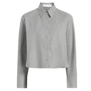 Olive Cropped Long Sleeve Button-Down Shirt In Stripe Cotton