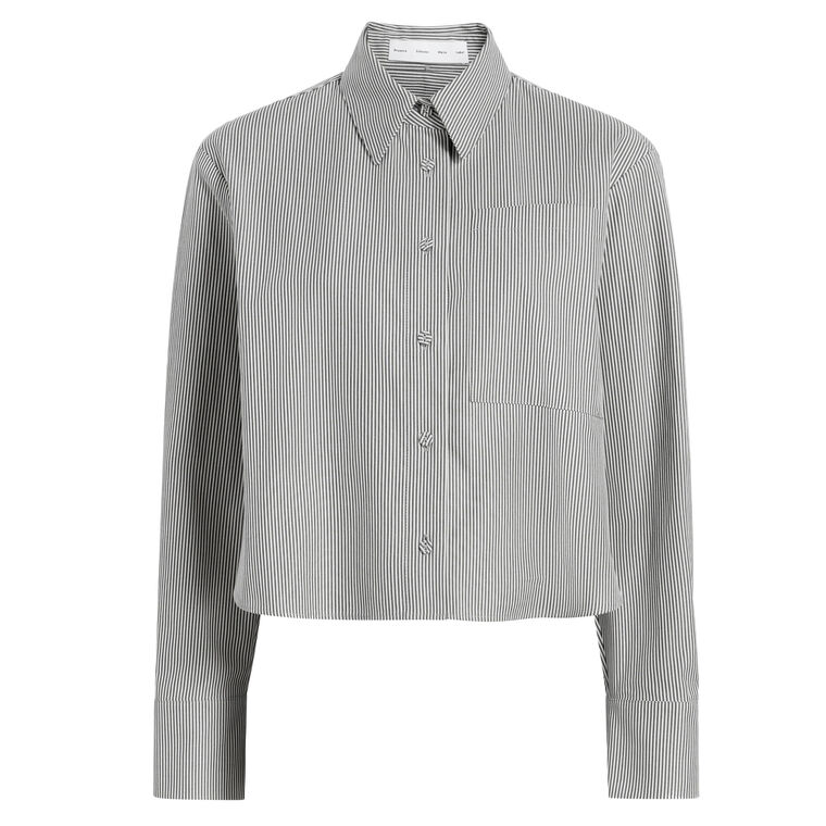 Olive Cropped Long Sleeve Button-Down Shirt In Stripe Cotton image number null