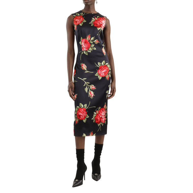 Rose-Bouquet Print Satin Midi Dress image number null