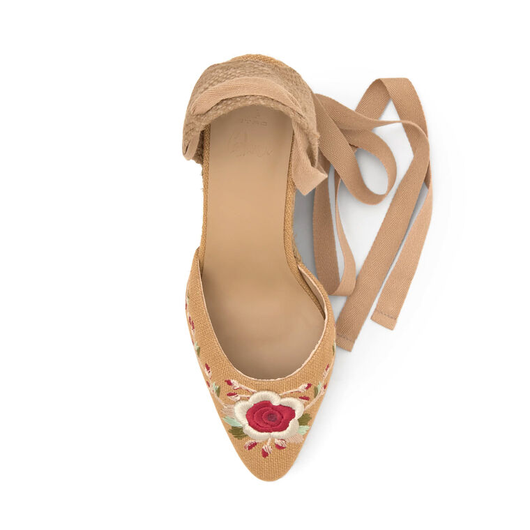 Joyce Etro Floral Embroidered Closed Toe Ankle Wrap Wedge Sandal image number null