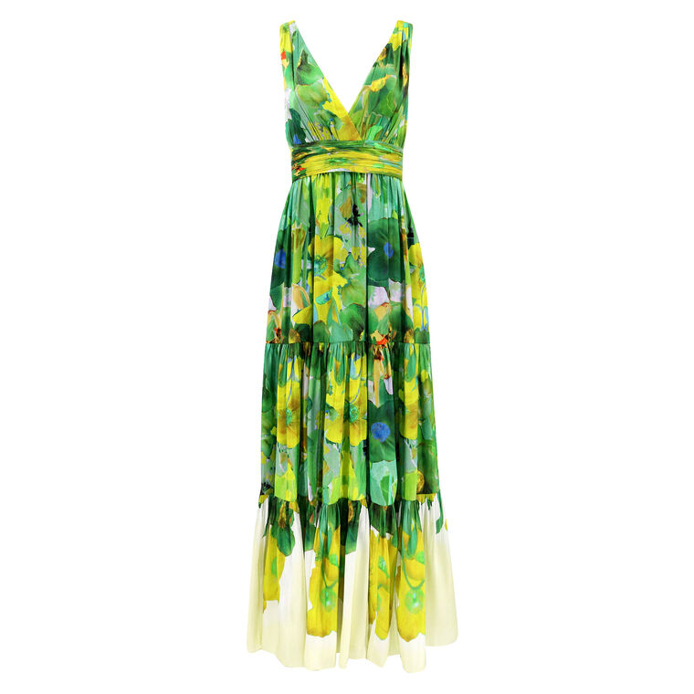 Gail Tiered Floral Satin Dress image number null