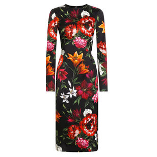 Long Sleeve Floral Print Fitted Satin Midi Dress
