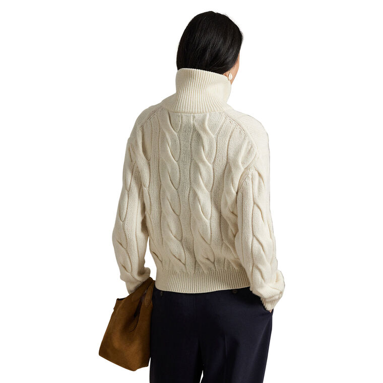 Cable Wool-Cashmere Mock Neck Cardigan Sweater image number null