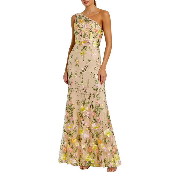 One Shoulder Floral Embroidered Godet Gown image number null