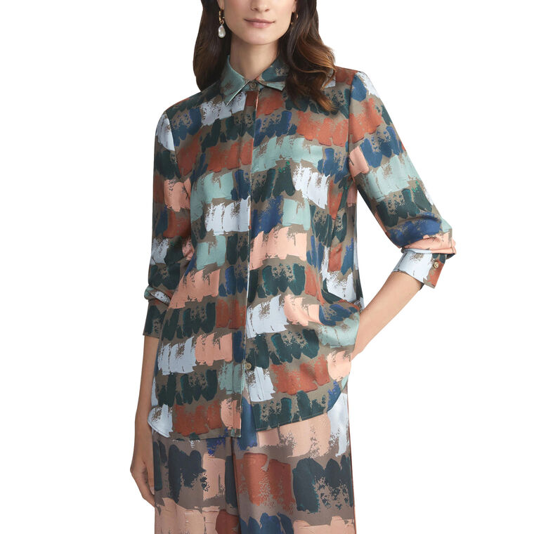 Scottie Painter's Palette Print Silk Twill Button Blouse image number null