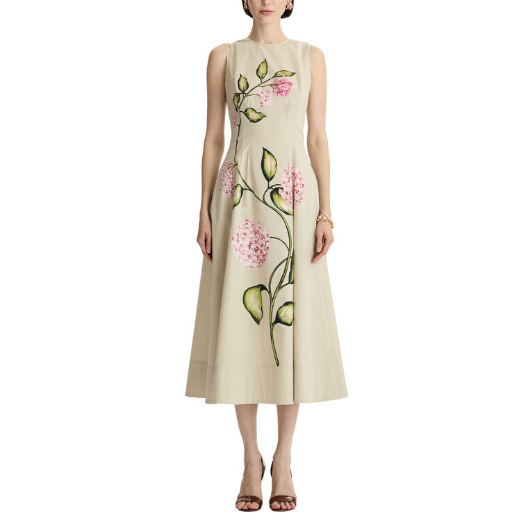 Sleeveless Porcelain Flowers Cotton Poplin Midi Dress image number null