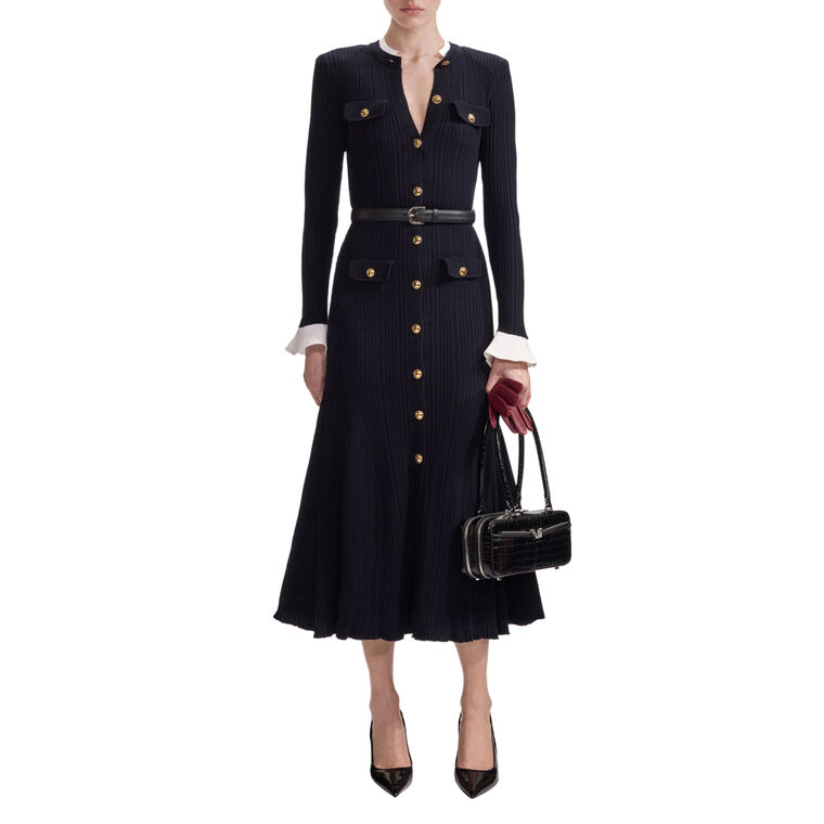 Viscose Knit Long Sleeve Belted Midi Dress image number null