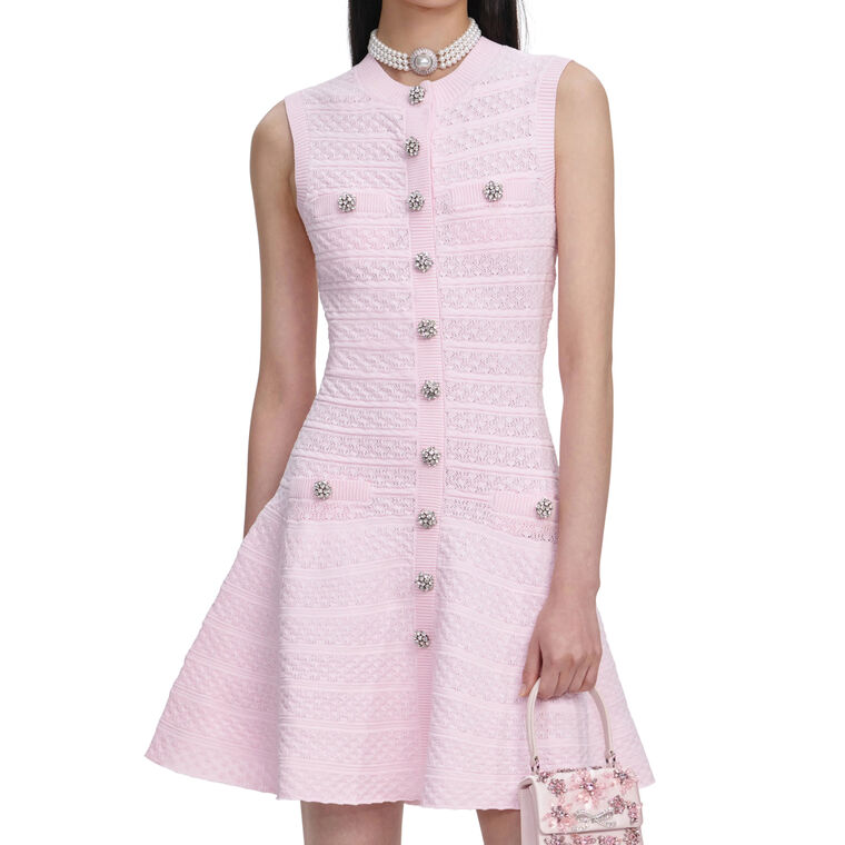 Sleeveless Button-Front Pointelle Diamante Knit Mini Dress image number null