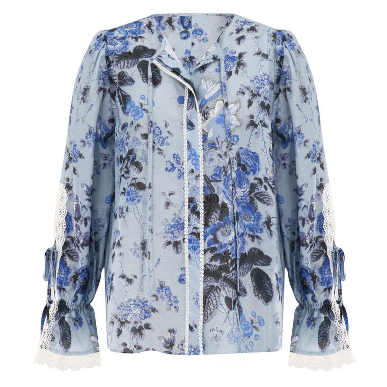 Daisy Long Sleeve Lace-Trim Floral-Print Blouse image number null