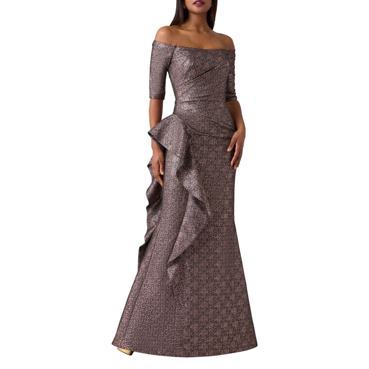 Metallic Jacquard Off Shoulder Ruffle Gown image number null