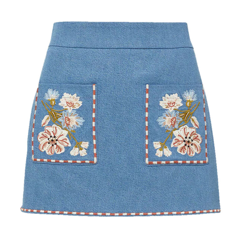 Pallas Embroidered Denim A-Line Mini Skirt image number null