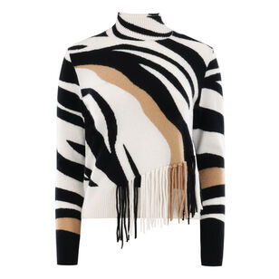 Zebra Fringe Cashmere Mock Neck Sweater