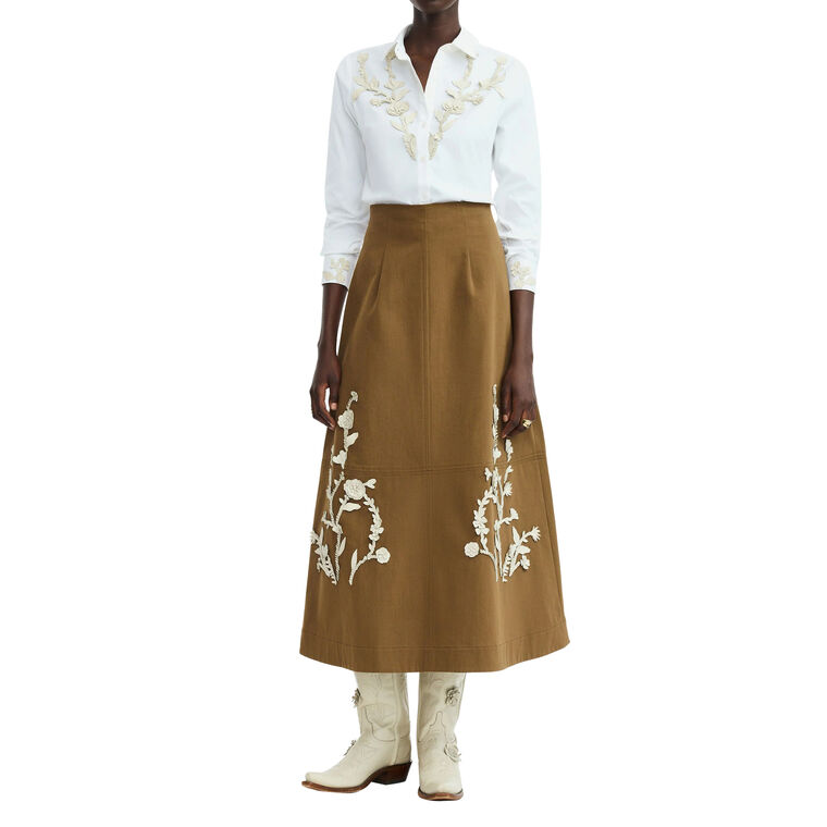 Leather Floral Embroidered Rustic Stretch Cotton Midi Skirt image number null