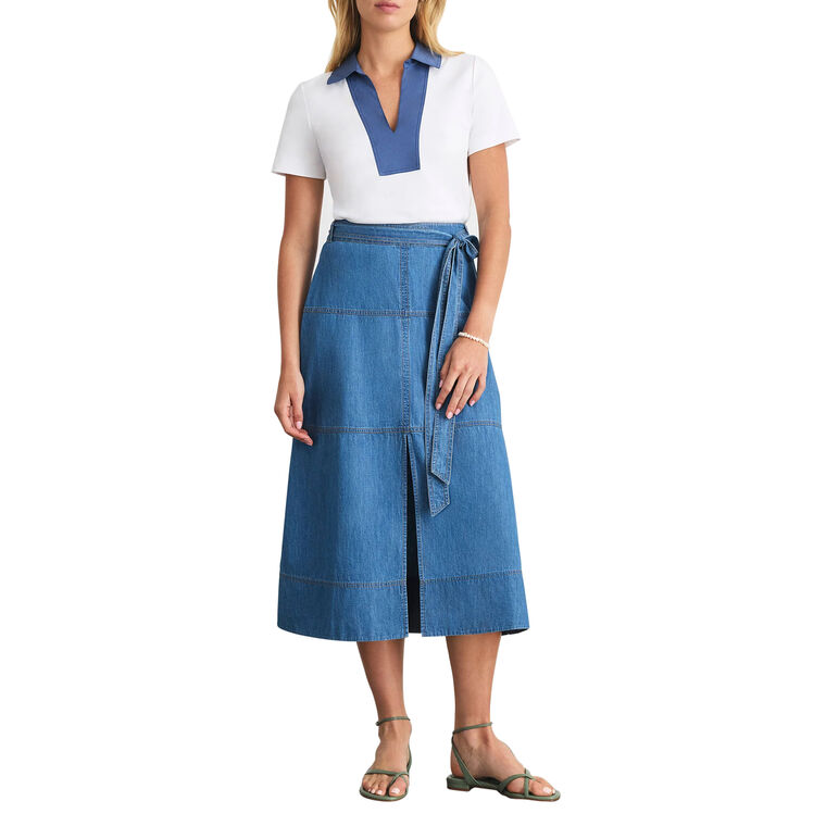 Hudley Tie-Belt Denim Midi Skirt image number null