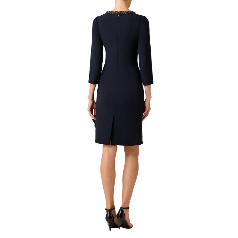 Crepe Side Drape Necklace Trim Ruched Sleeve Dress image number null