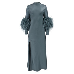 Satin Draped Neck Bias Dress With Feathers