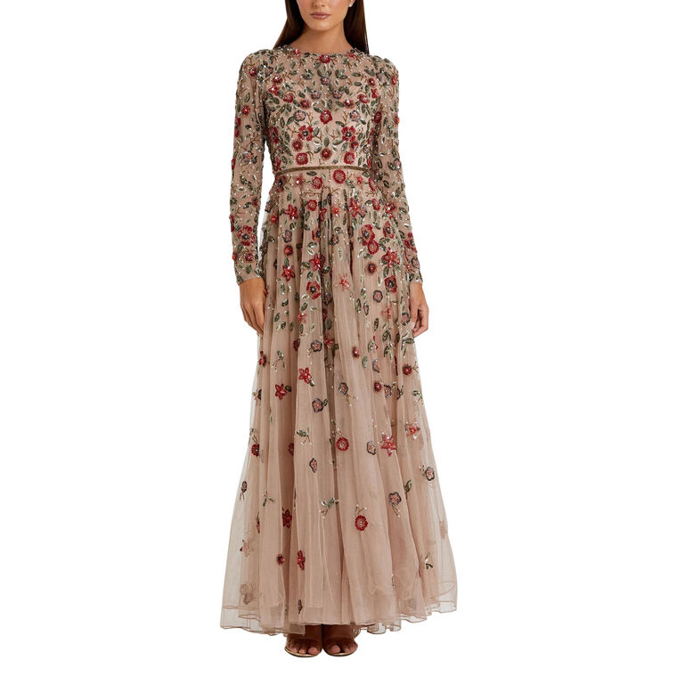 Embellished High Neck Long Sleeve A-Line Gown image number null