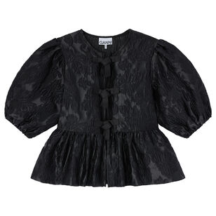 Satin Cloque Short Sleeve Peplum Blouse