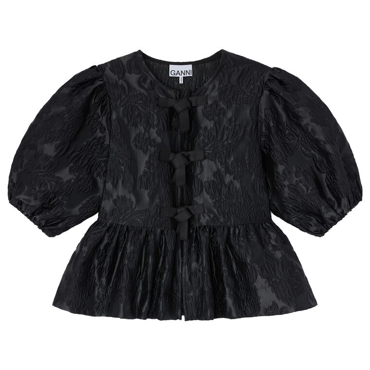 Satin Cloque Short Sleeve Peplum Blouse image number null