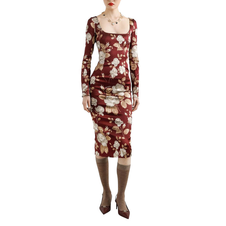 Long Sleeve Squareneck Rose-Print Midi Dress image number null