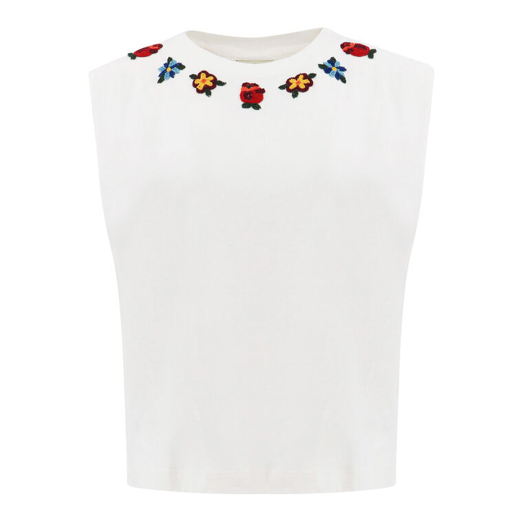 Beaded Flowers Sleeveless Cotton T-Shirt image number null