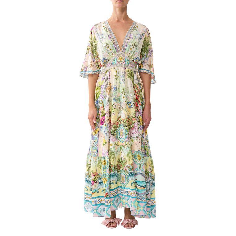 Waisted Maxi Dress With Hem Ruffle image number null