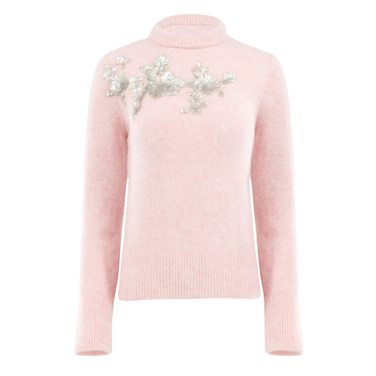 Alpaca Knit Fitted Crew Neck Sweater With Embellishment image number null