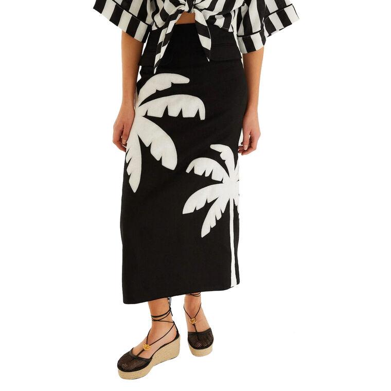 Palm Tree Embroidered Linen Maxi Skirt image number null