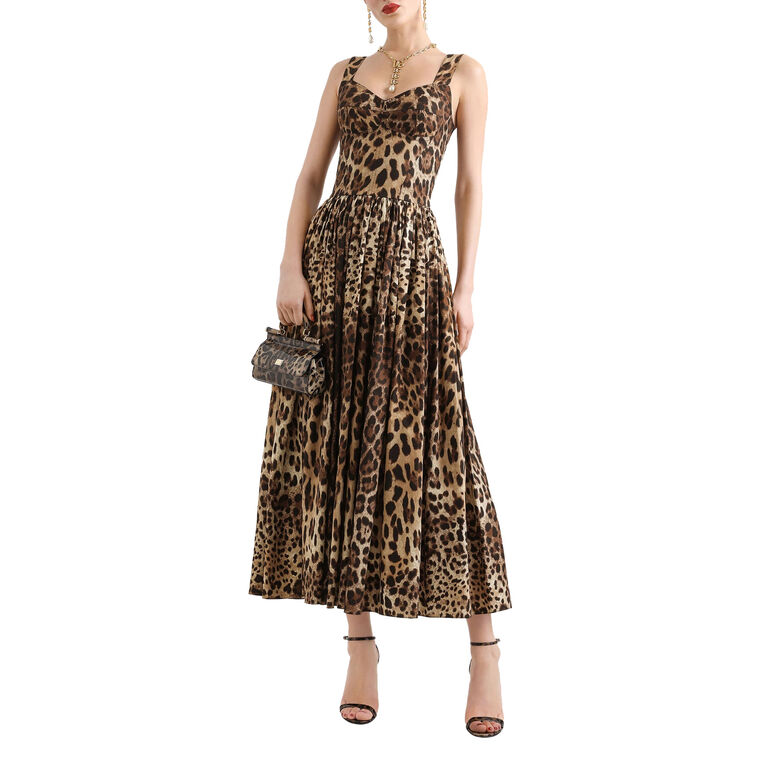 Sleeveless Cotton Poplin Leopard Print Midi Dress image number null