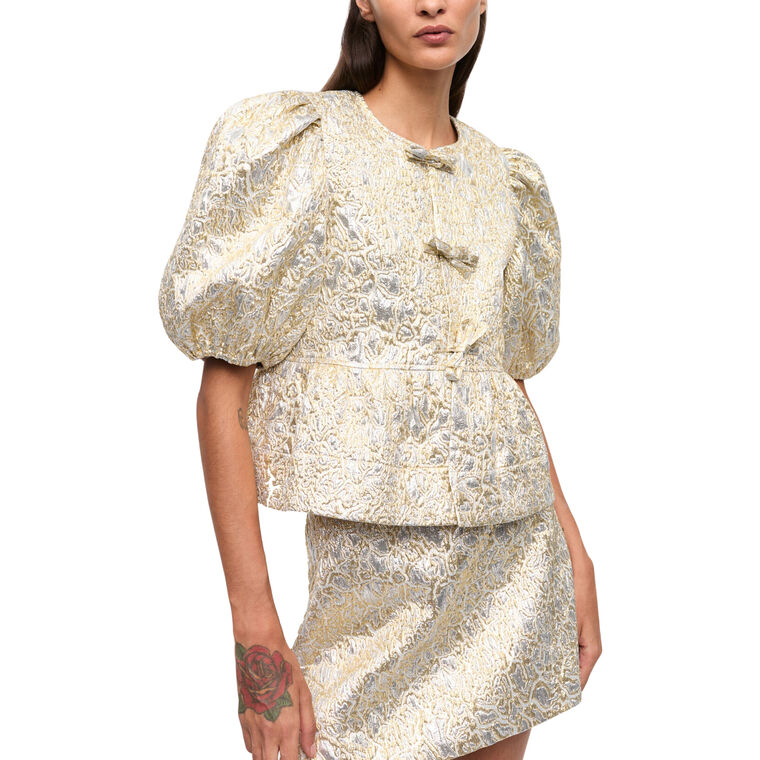 Metallic Cloque Peplum Tie String Blouse image number null