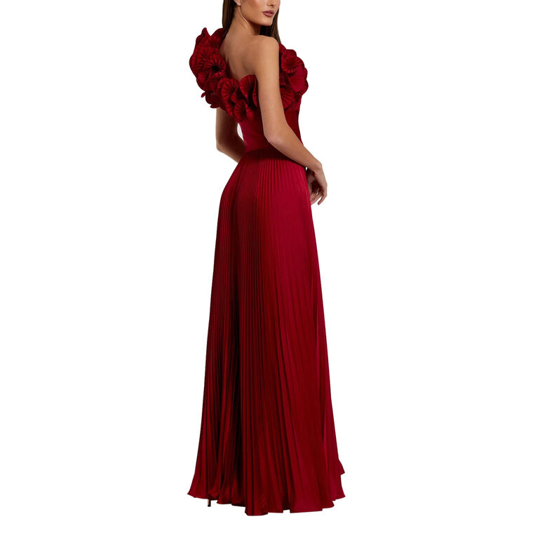 Pleated Charmeuse One Shoulder Ruffle Gown image number null