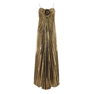 Sleeveless Metallic Pleated Gown With 3D Flower