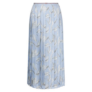 Calf Length Feather Printed Silk Twill Pleat Skirt
