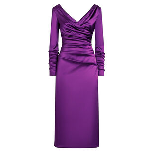Long Sleeve Stretch Satin Ruched Midi Dress