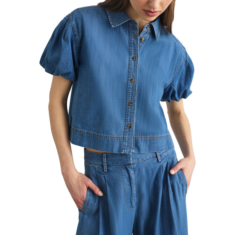 Elza Short Puff Sleeve Chambray Denim Top image number null