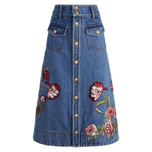 Dahlia Embroidered Denim Button Down Midi Skirt